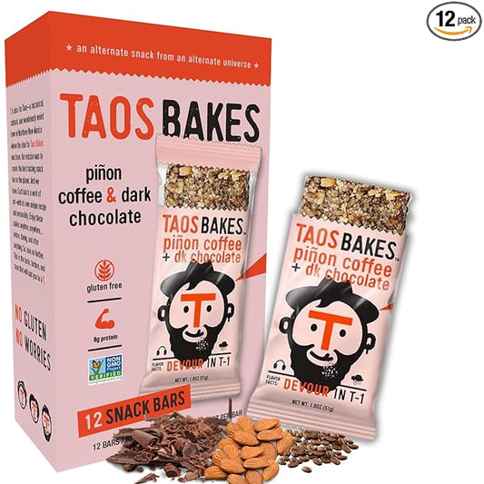 Taos Bakes - Coffee + Dark Chocolate - Breakfast Bar - 8g of Protein, 6g Fiber, & Gluten Free - Healthy Snack for Adults - Filled with PIne Nuts, Almonds, Chocolate, & Chia Seeds - 12 Pack, 1.8oz ea