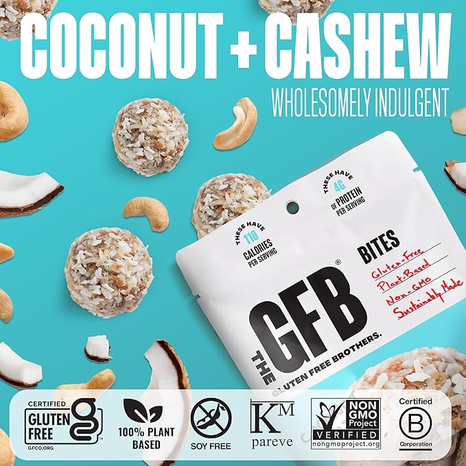 The GFB Coconut Cashew Protein Bites - Gluten Free Protein Balls - Non GMO, Soy Free, Vegan - Snack Size Plant Based Energy Balls, 4 oz (1 Count)
