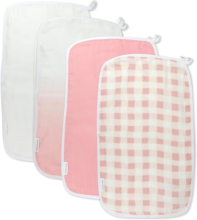 HonestBaby Organic Cotton Multi-layer Burp Cloths Multipack, 4-Pack Peach Skin Painted Buffalo Check, One Size
