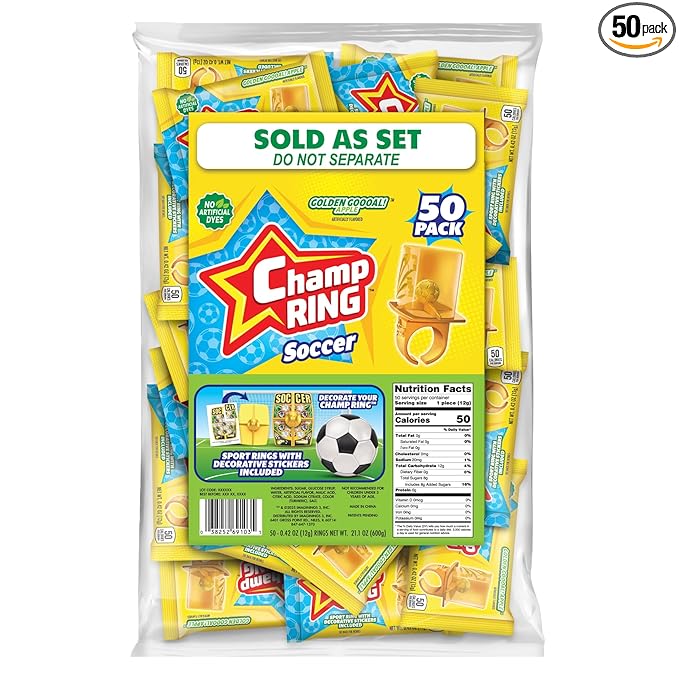 Champ Ring Soccer, Golden Goooal! Apple – Crisp Golden Apple Flavored Candy Rings - Individually Wrapped - No Artificial Colors or Dyes - Perfect for Parties, Events & Snacks - Bulk Pack of 50