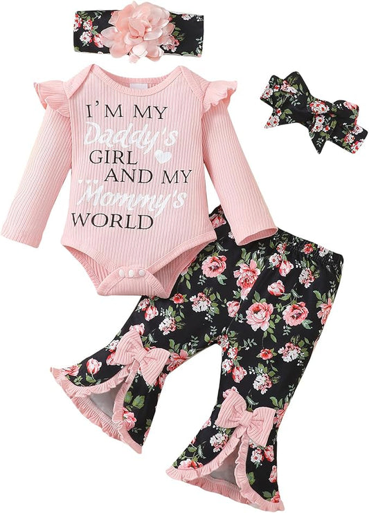 SUNNY PIGGY Newborn Baby Girl Clothes Infant Outfits Romper Floral Fall Outfit Bell Bottoms Pant Sets Hat Headband Flowerpant