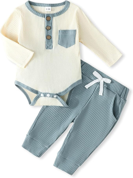 Newborn Baby Boy Girl Clothes Ribbed Knit Cotton Long Sleeve Romper Long Pant Preemie Solid Color Unisex Outfits