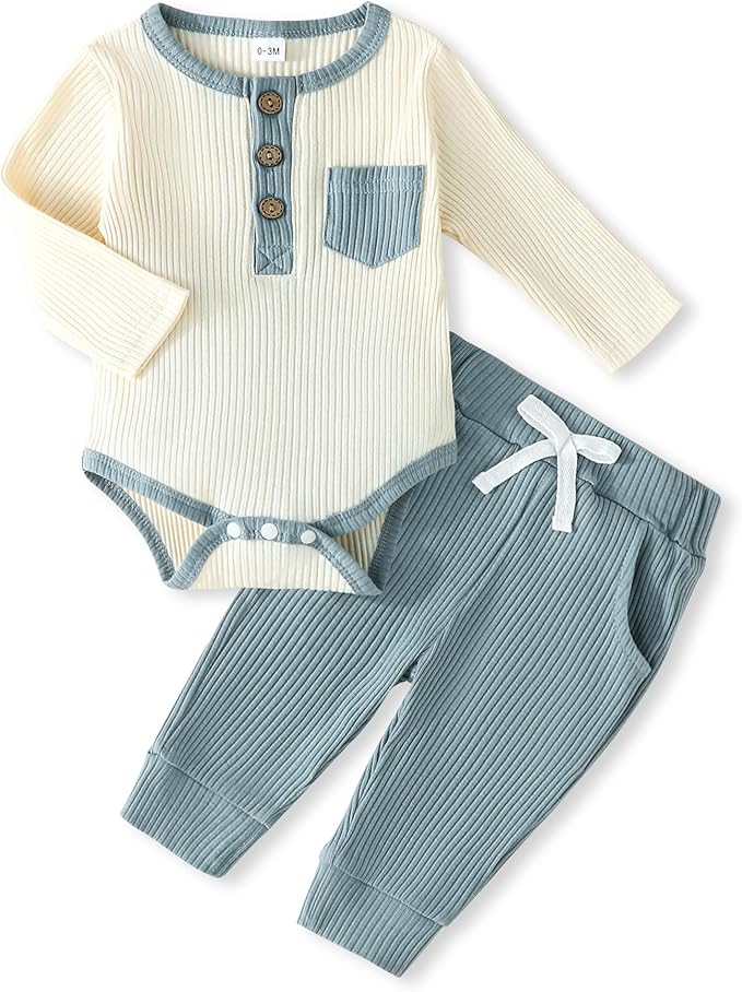 Newborn Baby Boy Girl Clothes Ribbed Knit Cotton Long Sleeve Romper Long Pant Preemie Solid Color Unisex Outfits