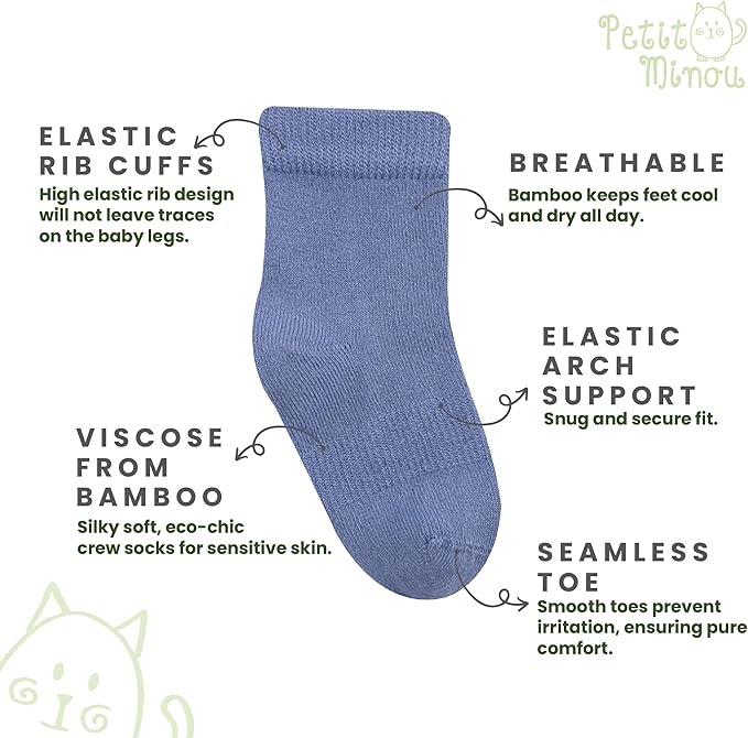 Luna Seamless-Toe Viscose from Bamboo Crew Socks - Soft Eco-Friendly 6-Pack Baby & Toddler Socks