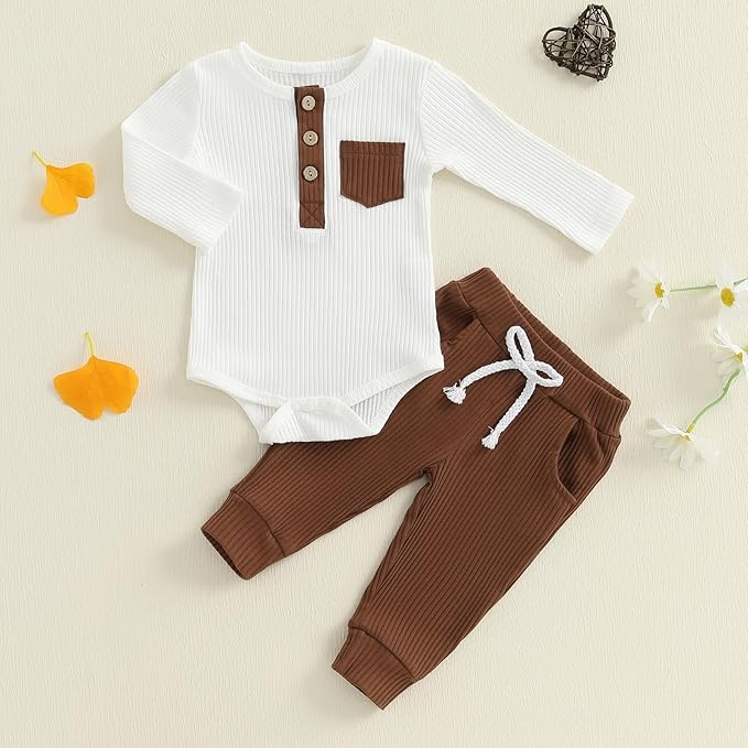 fhutpw Baby Boy Clothes 3 6 12 18 Months Ribbed Knitted Long Sleeve Romper and Pants Sets Newborn Fall Splicing Color Outfits