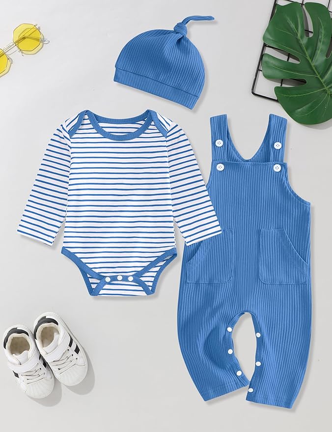 oklady Baby Boy Clothes Stripe Pattern Print Romper Top and Baby Overalls with Hat 0-18 Months Baby Boy Outfits