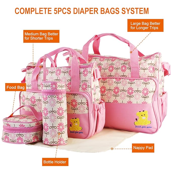 5PCS Diaper Bag Tote Set for Baby Essentials – Large Baby Bags for Mom, Waterproof Maternity Bags with Bottle Bag, Food Bag & Changing Pad (Pink)