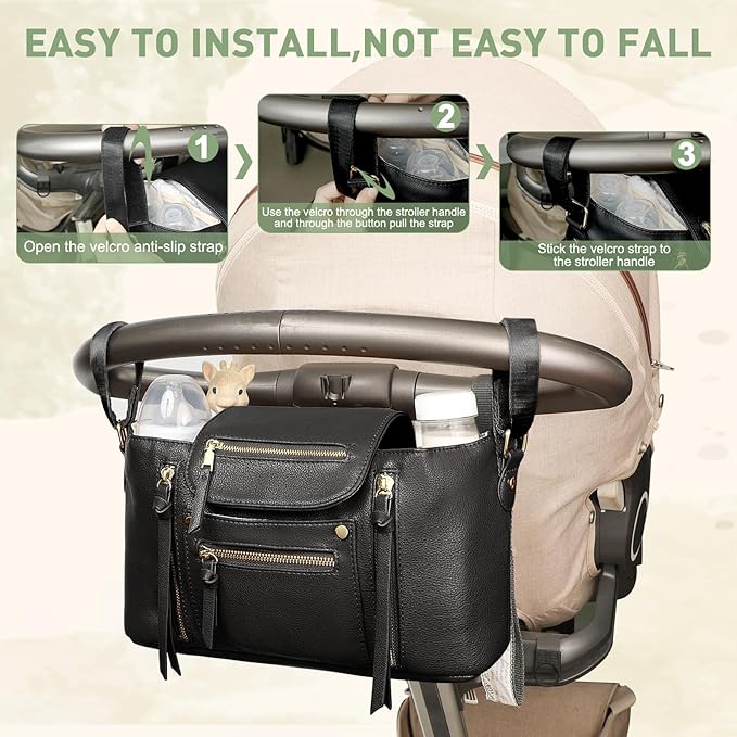 miss fong Stroller Organizer with Insulated Cup Holder Stroller Caddy Stroller Accessory BagStroller Diaper Bag Stroller Storage Stroller Bag with Adjustable Strap to Fit All Strollers (Black)