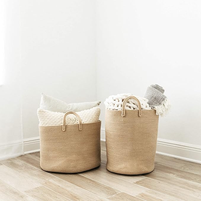 OrganiHaus Large Woven Baskets for Storage 15x18, Cotton Rope Baskets for Storage, Tall Blanket Basket for Living Room, Nursery Laundry Basket, Big Basket for Toys, Basket For Blankets, Honey