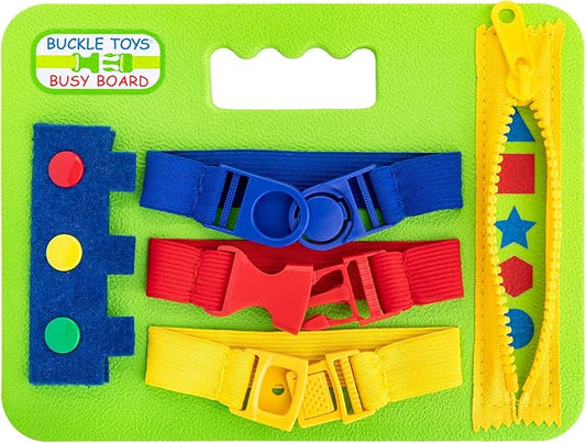 Buckle Toys Mini Busy Board for 1 Year Old Toddlers Travel Essentials for Kids, Montessori Toys for 1 Year Old Baby to Develop Fine Motor Skills, Great for Road Trip Activities for Kids Sensory Toy
