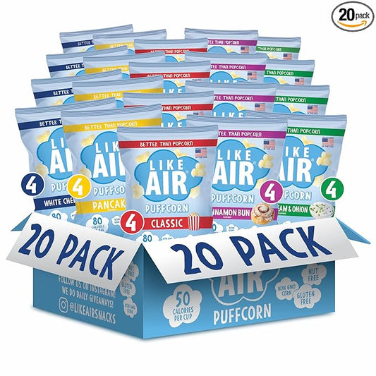 Like Air Puffcorn Variety Pack (0.5 oz, Pack of 20), White Cheddar, Classic, Pancake, Cinnamon Bun, Sour Cream & Onion - 80 Calories, Gluten Free - Shark Tank Product