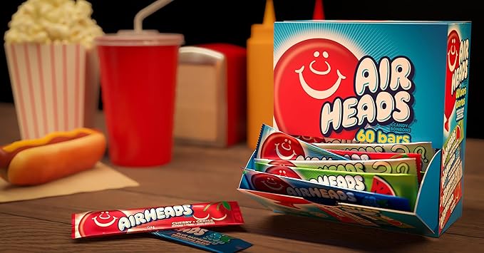 Airheads Candy Bars, Variety Bulk Box, Chewy Full Size Fruit Taffy, Gifts, Holiday, Parties, Concessions, Pantry, Non-Melting, Party, 60 Individually Wrapped Full Size Bars