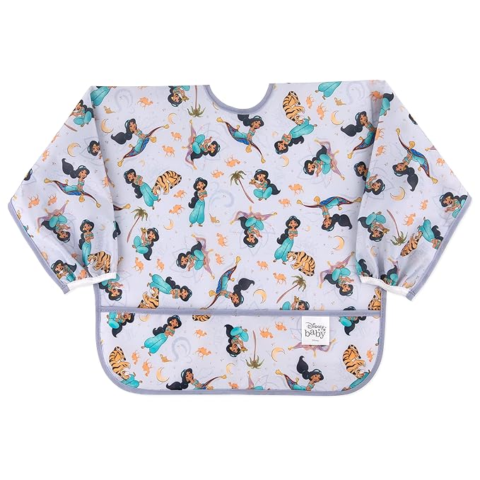 Bumkins Disney Sleeved Bib for Girl or Boy, Baby and Toddler for 6-24 Mos, Essential Must Have for Eating, Feeding, Baby Led Weaning Supplies, Long Sleeve Mess Saving Food Catcher, Jasmine
