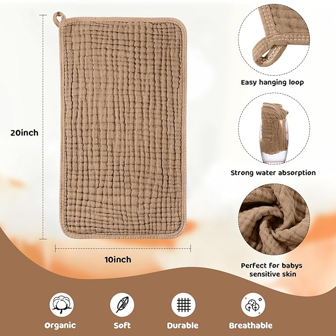 Tallew 8 Pack Baby Bibs and Muslin Burps for Baby Boy Girl Drooling and Teething 20" x 10" Burp Cloths Absorbent Rag Soft Cotton Bibs for Newborn Toddler Infant 0-24 Month Essentials(Brown Series)