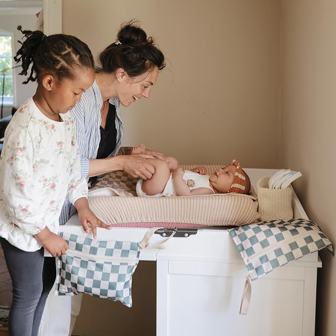 mushie Water Resistant Wet Bags | Large & Small Reusable Storage Bag for Baby Items and Travel | Zippered Pockets with Handle | Machine Washable, Set of 2 (Blue Check)