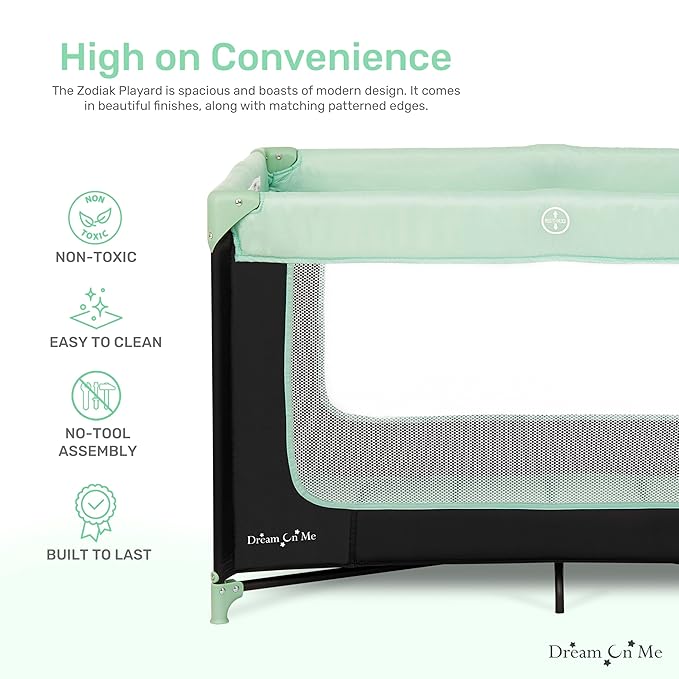 Dream On Me Zodiak Portable Playard in Mint, Lightweight, Packable and Easy Setup Baby Playard, Breathable Mesh Sides and Soft Fabric - Comes with a Removable Padded Mat