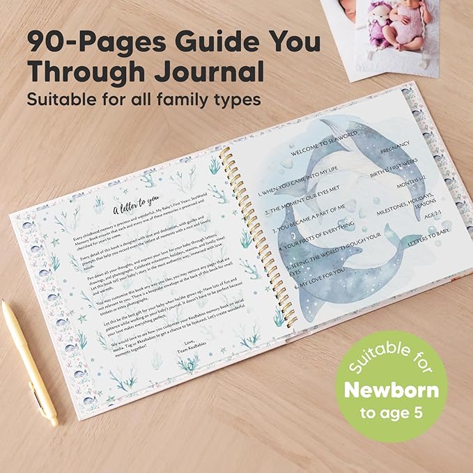 First 5 Years Baby Memory Book Girl, Boy - 90 Pages Hardcover First Year Milestone Keepsake Book, Newborn Scrapbook for New Parents, Minimalist Photo Album Journal, Gift for Baby Shower (SeaWorld)