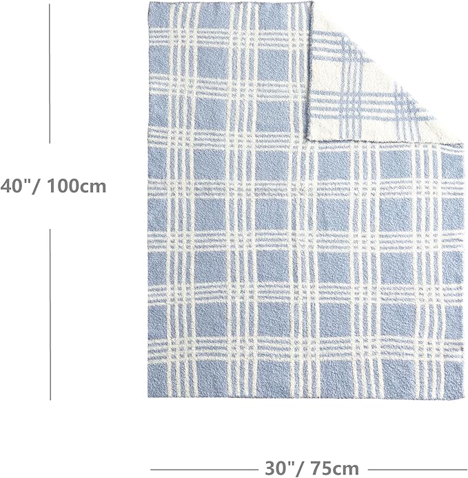 CREVENT 30"X40" Cozy Soft Warm Knitted Baby Blanket for Girls Boys, Newborn Essentials for Infant, Baby Shower Receiving Gift - Line Checked Blue 75X100cm