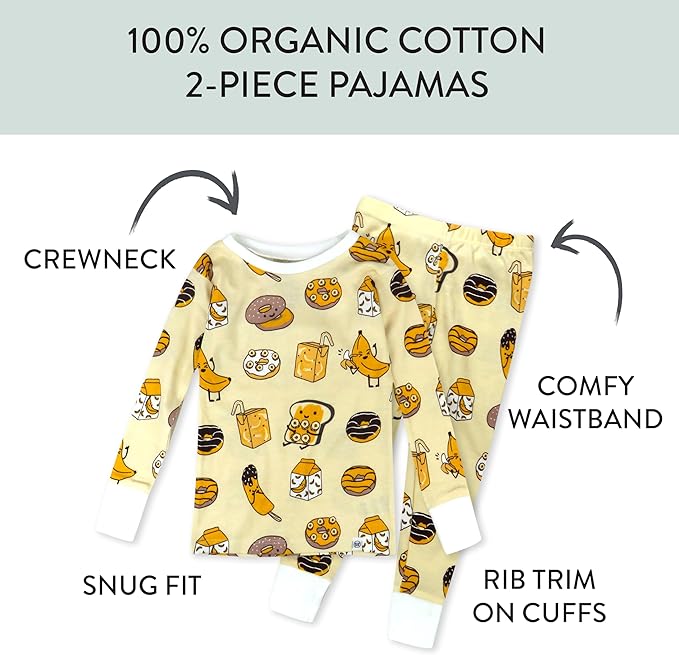 HonestBaby 4 Piece Pajamas Sleepwear Pjs 100% Organic Cotton for Infant Baby and Toddler Boys, Girls, Unisex