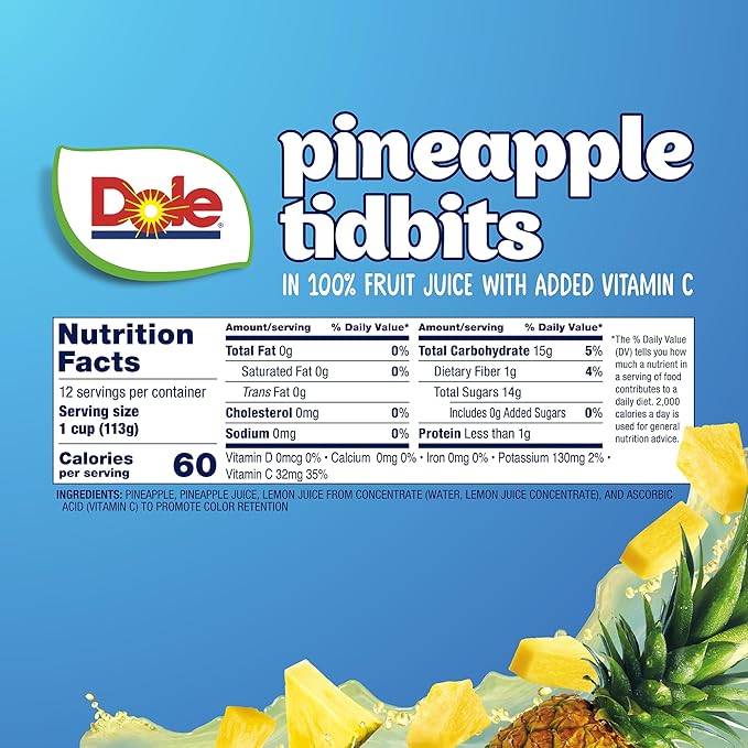 Dole Pineapple Tidbits in 100% Juice - Dole Fruit Bowls Snacks - 4 oz Fruit Bowls - 12 Pack
