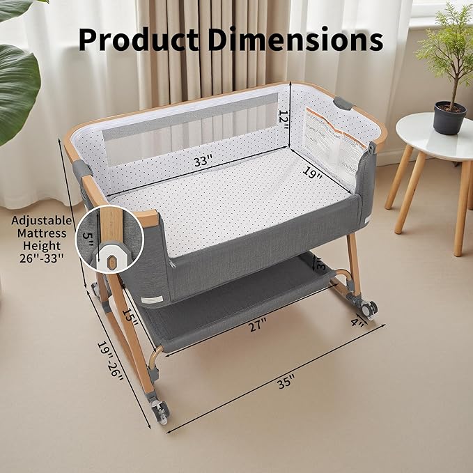 Baby Bassinet Bedside Sleeper CPSC Certified 3-in-1 Portable Crib with 4in Large Wheels 6 Height Adjustable Includes Mosquito Net Mattress Storage Basket Aluminum Alloy Woodgrain Gray