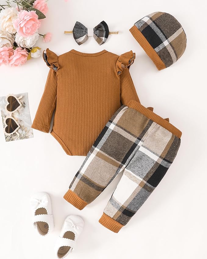 SUNNY PIGGY Baby Girl Clothes Newborn Outfits Infant Ruffle Romper 0-18M Fall Winter Flower Plaid Pants Clothing Set