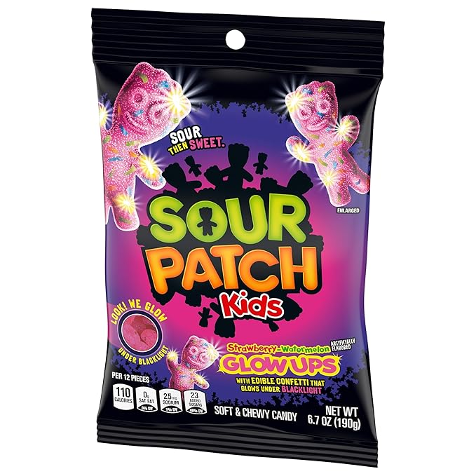 SOUR PATCH KIDS Glow Ups Strawberry-Watermelon Soft & Chewy Candy, Bulk Candy, 12-6.7 oz Bags
