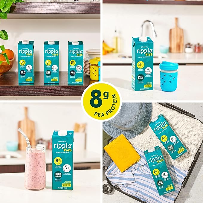 Ripple Plant Based Milk | 8g of Pea Protein | Shelf Stable | Vegan & Non GMO | Dairy, Soy, Nut, Gluten, & Lactose Free ((Pack of 6), Kids Original)