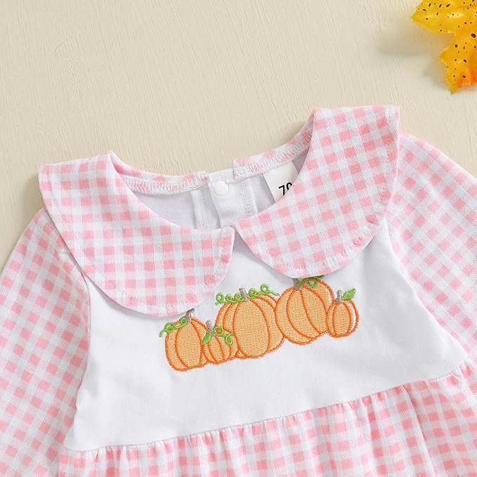 woshilaocai Baby Fall Outfit Boy Girl Plaid Embroidered Collar Romper Footie Infant Halloween Clothes