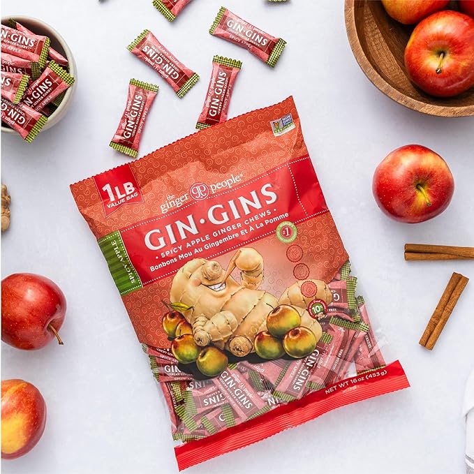 The Ginger People GIN GINS Chews - Original, Spicy Apple - 1lb bags - Pack of 2