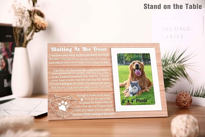 Pet Memorial Gift for Loss of Dog Pet Owner -Puppy Remembrance Gift-Puppy Sympathy Wooden Photo Frame Present-Picture Frame Present-Waiting At The Door Dog