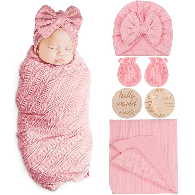 Newborn Receiving Blanket with Bow Hat Mittens Wooden Card Set Wheat-Pattern Newborns Toddler Baby Boy Girl Nursery Swaddle Wrap