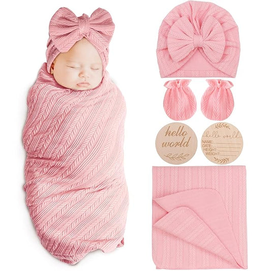 Newborn Receiving Blanket with Bow Hat Mittens Wooden Card Set Wheat-Pattern Newborns Toddler Baby Boy Girl Nursery Swaddle Wrap