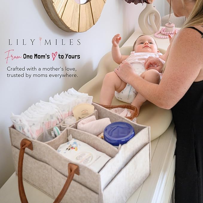 Lily Miles Baby Diaper Caddy Organizer, Nursery Storage Basket for Newborn Essentials, Neutral Gift for Baby Shower, Registry Must-Have, Car Organizer for Diapers and Wipes - Sand, Large