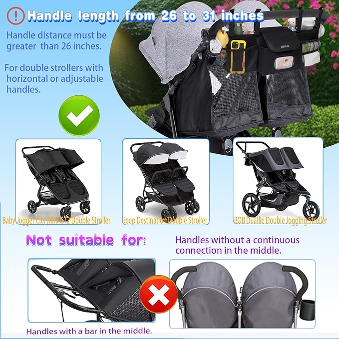 Double Stroller Organizer Compatible with BOB Duallie and Baby Jogger City Mini GT2 Double Stroller, Double Baby Stroller Accessories with 2 Cooler Pockets , Black(Empty Bag)