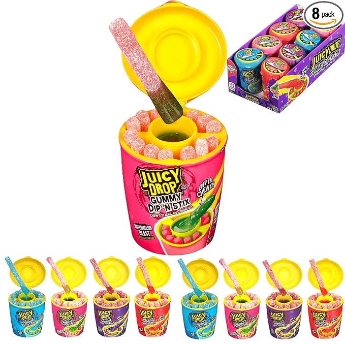 Juicy Drop Gummy Dip 'N Stix Assorted Candy Variety Pack, Sweet Gummy Sticks W/ Sour Dipping Gel, 8 Pack, Assorted For Kids Parties and Party Favors, Sour Candy Variety for Kids