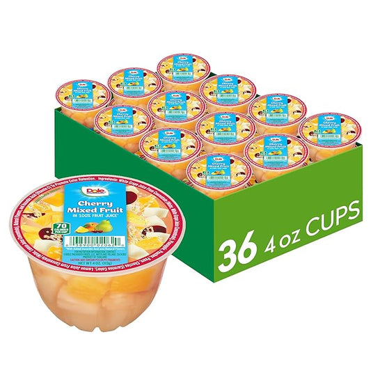 Dole Fruit Bowls Cherry Mixed Fruit in 100% Juice Snacks, 4oz 36 Total Cups, Gluten & Dairy Free, Bulk Lunch Snacks for Kids & Adults