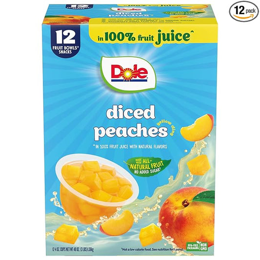 Dole Diced Peaches in 100% Juice - Dole Fruit Bowls Snacks - 4 oz Fruit Bowls - 12 Pack