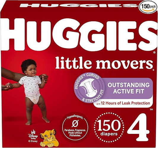 Huggies Size 4 Diapers, Little Movers Baby Diapers, Size 4 (22-37 lbs), 150 Count (6 Packs of 25), Packaging May Vary