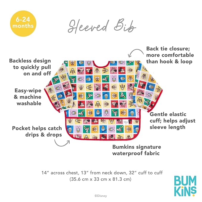 Bumkins Disney Sleeved Bib for Girl or Boy, Baby and Toddler for 6-24 Mos, Essential Must Have for Eating, Feeding, Baby Led Weaning Supplies, Long Sleeve Mess Saving, Mickey and Friends Check Mates
