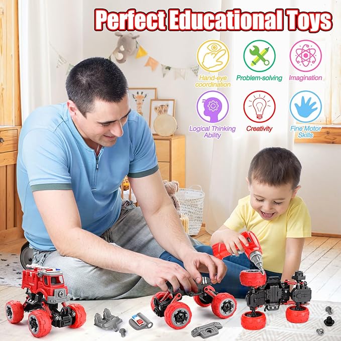 LUDILO 4PCS Fire Truck Toys for 3 4 5 Year Old Boy Birthday Gifts DIY Assembly Take Apart Firetruck with Electric Drill Stem Building Toys Xmas Bday Gifts 3 4 5 6 Year Old Boys Girls Kids Toddler Toys
