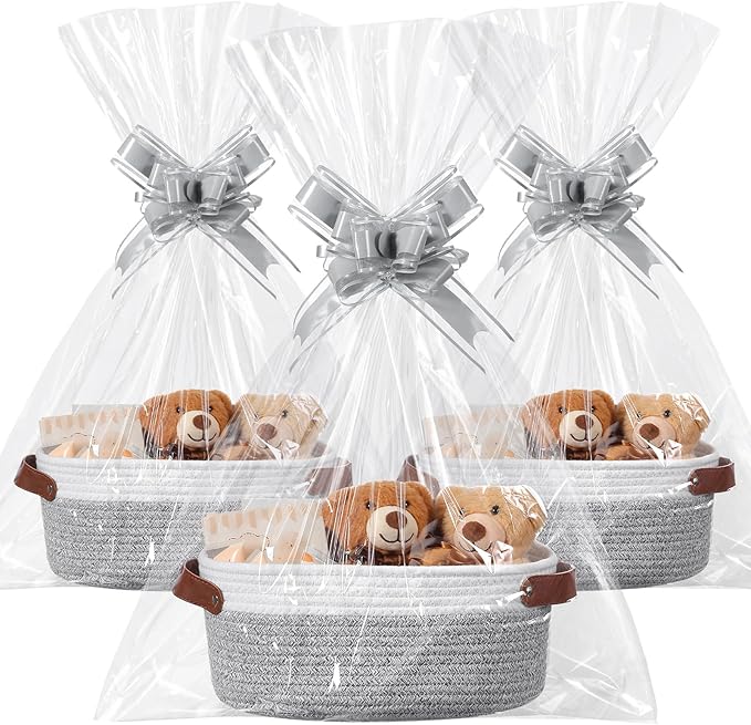 3 Pack Small Woven Basket for Gifts with Handles Clear Bags and Ribbons Empty Storage Basket Decorative Chest Box for Birthday Present Baby Shower Wedding(White and Grey,12"x 8"x 5")