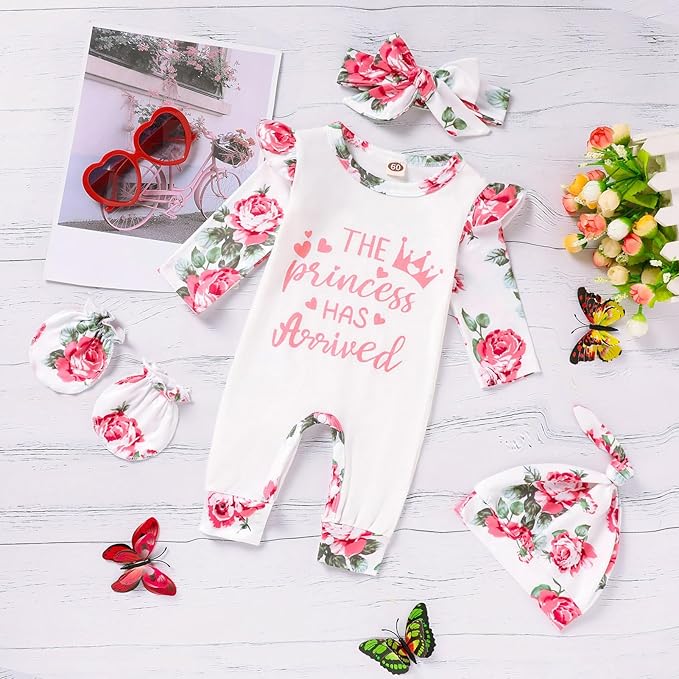 GRNSHTS Newborn Baby Girl Romper Infant Letter Print Jumpsuit Floral Bodysuit+Hat+Headband+Gloves Coming Home Clothes Outfits