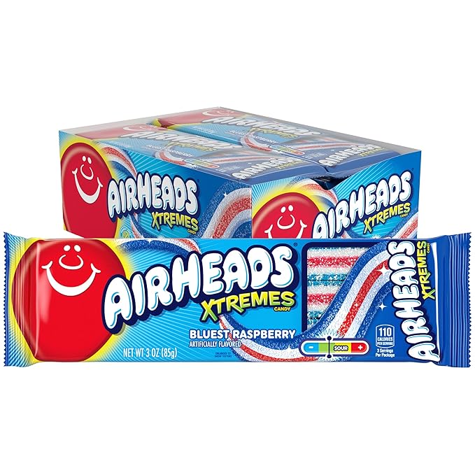 Airheads Candy, Xtremes Belts, Bluest Raspberry Flavor, Sweetly Sour, Non-Melting, Movie Theater, 3oz Packs, Box of 12 Packs