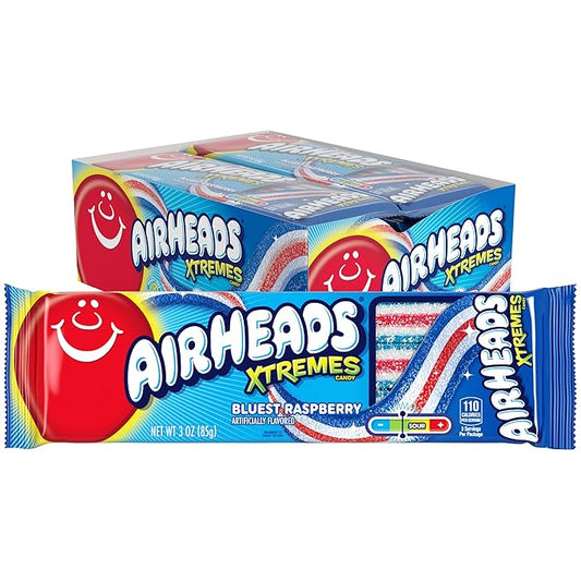 Airheads Candy, Xtremes Belts, Bluest Raspberry Flavor, Sweetly Sour, Non-Melting, Movie Theater, 3oz Packs, Box of 12 Packs
