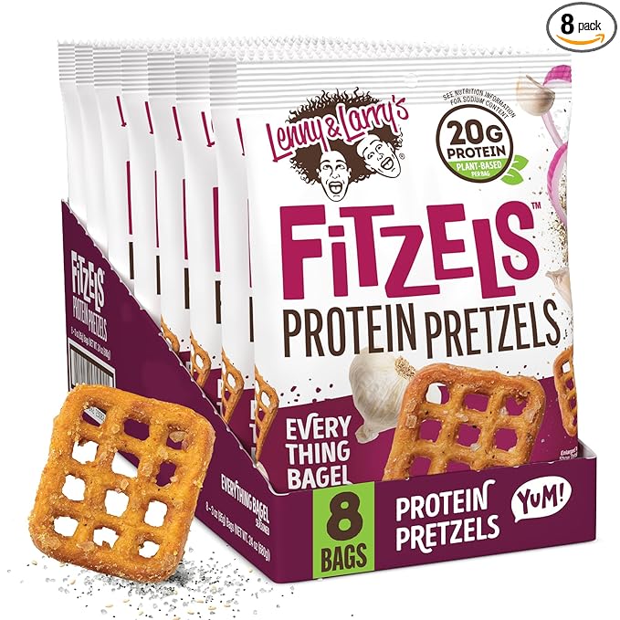 Lenny & Larry's Everything Bagel FITZELS- Savory Pretzel Snacks Incredibly Tasty, High Protein Salty, Vegan, 20 g's of Plant Based Protein 8 (eight) Bags, 3 oz Each