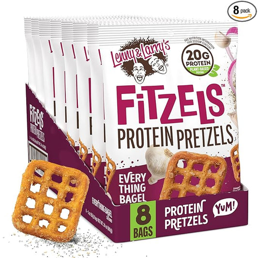 Lenny & Larry's Everything Bagel FITZELS- Savory Pretzel Snacks Incredibly Tasty, High Protein Salty, Vegan, 20 g's of Plant Based Protein 8 (eight) Bags, 3 oz Each