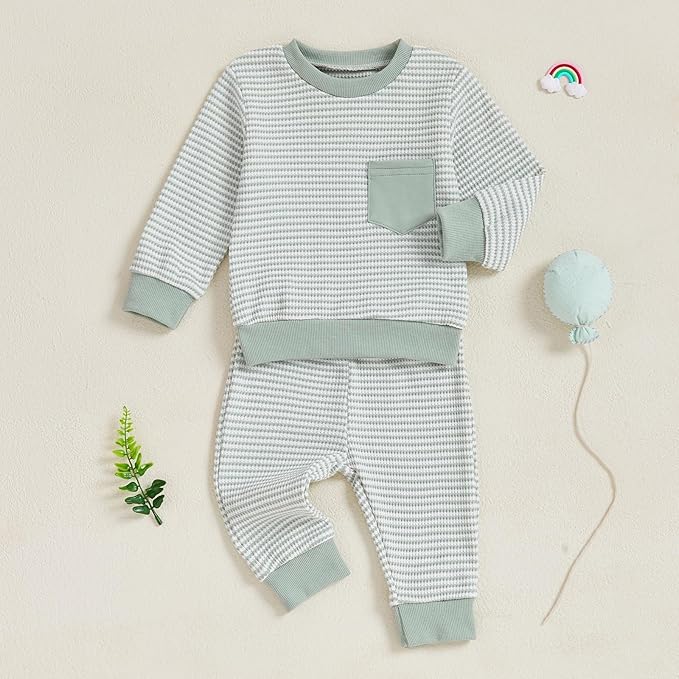 Baby Boy Toddler Fall Outfit Striped Sweatshirt Toddler Boy Winter Waffle Clothes 3 6 12 18 Months 2 3 T Pant Set