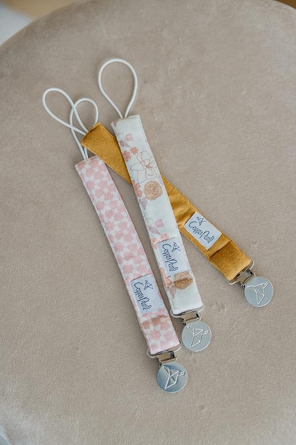 Copper Pearl Pacifier Clip 3-Pack: Premium Knit Binky Clips for Baby Girls and Boys - Stylish Stainless Steel Pacifier Holder Clip - Baby Pacifier Clips for No More Floor Drops - Ferra