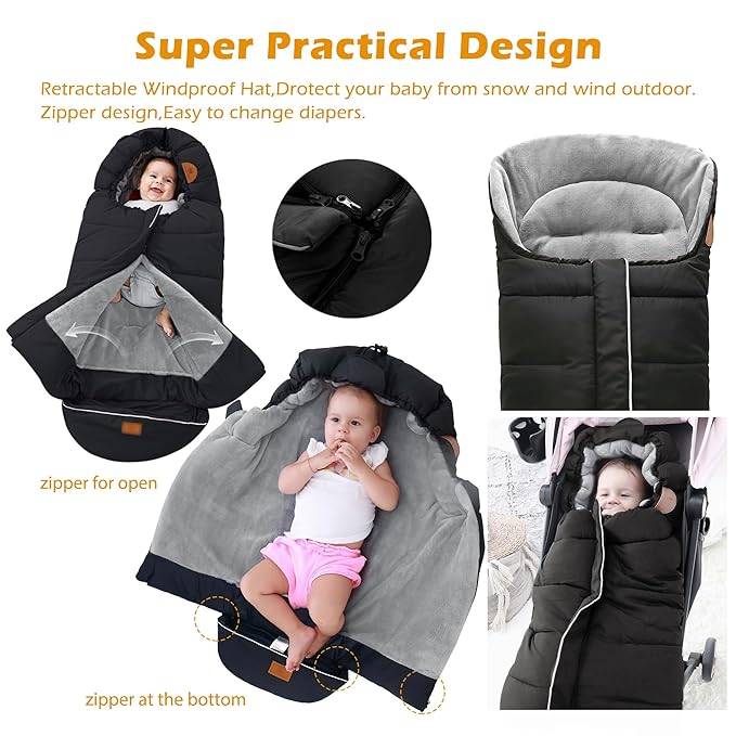 LAT Baby Warm Bunting Bag Universal,Stroller Sleeping Bag Cold Weather,Waterproof Toddler Footmuff(Basic,Black)